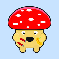 Cute mushroom mascot carry magnet and dollar coin of illustration vector