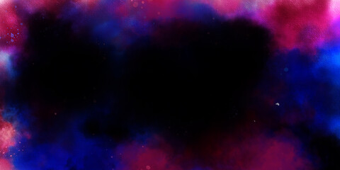 Abstract cosmic purple ink texture water color paint illustration. Paper textured aquarelle canvas for creative design with scratches. Deep dark violet neon lights watercolor background. 