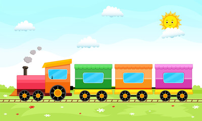 Obraz na płótnie Canvas Coloful train with bright landscape, Beautiful vector illustration with train
