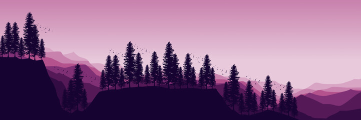 Fototapeta na wymiar tree silhouette at mountain landscape flat design vector illustration good for wallpaper, background, banner, backdrop, web, and design template