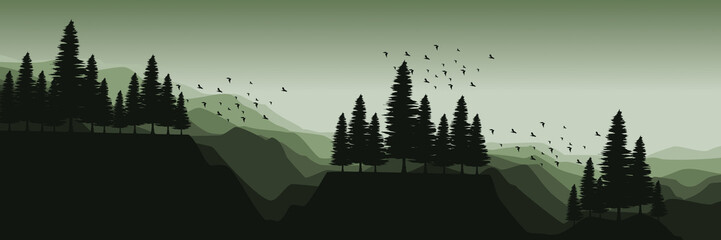 boom silhouet bij berglandschap platte ontwerp vectorillustratie goed voor behang, achtergrond, banner, achtergrond, web en ontwerpsjabloon