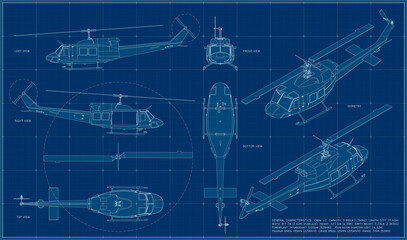 Combat military helicopter us army. Fighting vehicle during the Vietnam War. Blueprint with projections and isometry. Scale model. © Olena