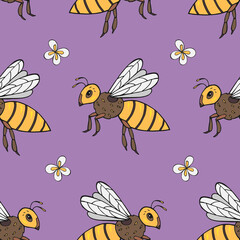 Seamless vector pattern with bees. Decoration print for wrapping, wallpaper, fabric, textile. 