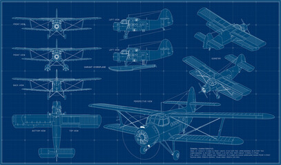 Military and civil aircraft. Biplane of the times of the USSR. Blueprint with projections and isometry. Scale model of an airplane. © Olena