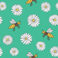 Seamless vector pattern with chamomile and bees. Decoration print for wrapping, wallpaper, fabric, textile.