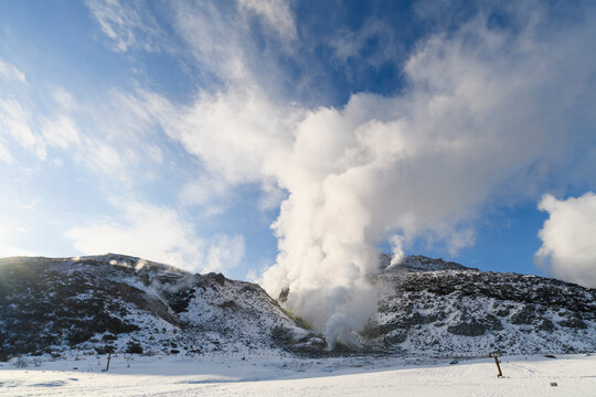 Moody view of Mount Io fumarole in Winter, Hokkaido, Japan