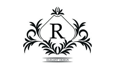 Vintage elegant logo with the letter R in the center. Black ornament on a white background. Business sign template, identity monogram for restaurant, boutique, heraldry, jewelry