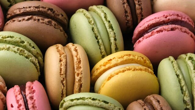 Fresh colorful macarons background. French sandwich cookie. Rotating video