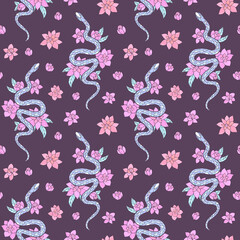 Seamless vector pattern of snakes and flowers. Background for greeting card, website, printing on fabric, gift wrap, postcard and wallpapers.	
