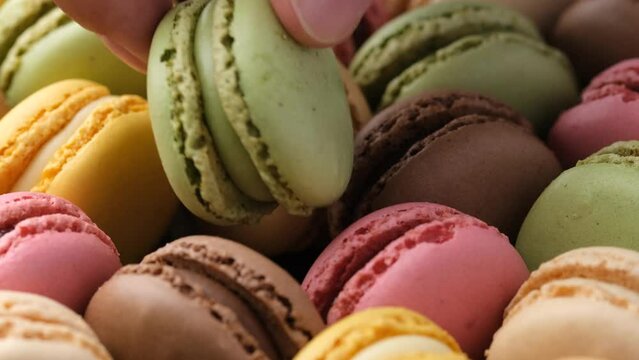 Taking from box macarons French sandwich cookie