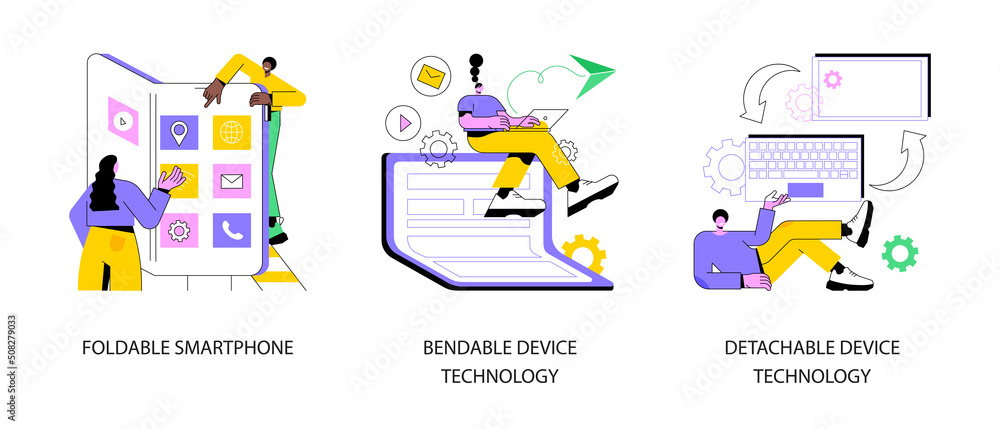 Poster modern electronics abstract concept vector illustration set. foldable smartphone, bendable and detac