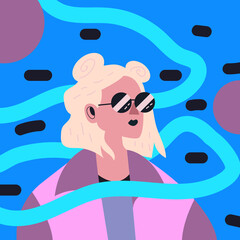 A fashionable girl with glasses with a short haircut. The girl looks away to the side. Vector illustration in bright colors in a flat style. with an abstract background for printing, advertising, web