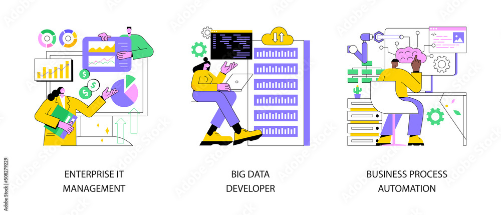 Poster it software solutions abstract concept vector illustration set. enterprise it management, big data d