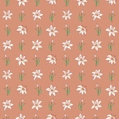 Seamless vector pattern of lilies. Background for greeting card, website, printing on fabric, gift wrap, postcard and wallpapers.