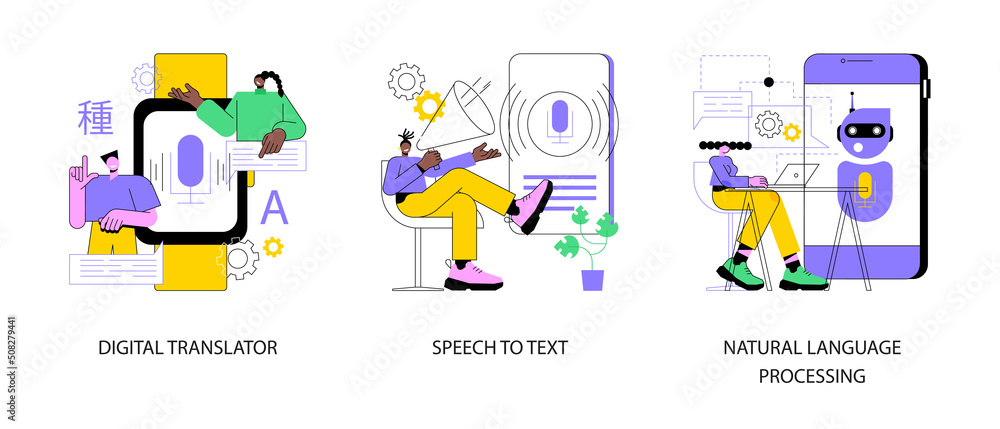 Aufkleber multilingual mobile application abstract concept vector illustration set. digital translator, speech