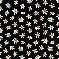 Seamless vector pattern of lilies. Background for greeting card, website, printing on fabric, gift wrap, postcard and wallpapers.