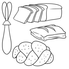 Monochrome cartoon-style images with objects for making buns, puff pastry pies