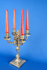 classic bronze chandelier with candles, ancient candlestick studio photo, antique candlestick isolated, brass chandelier, one vintage candlestick, bronze candle tree with candles