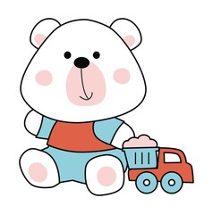 Teddy bear playing with his toy truck