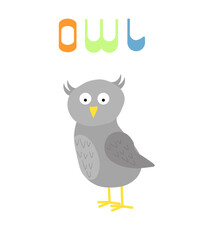 Card with cartoon owl and lettering. Vector illustration. For use in the design of covers and brochures, flyers, icons, cards and posters, scrapbooking, childrens products.