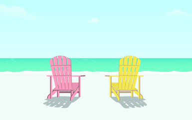 Two chairs at the beach, relaxed beach scene, pristine beach, white sand beach, Vacation scene.