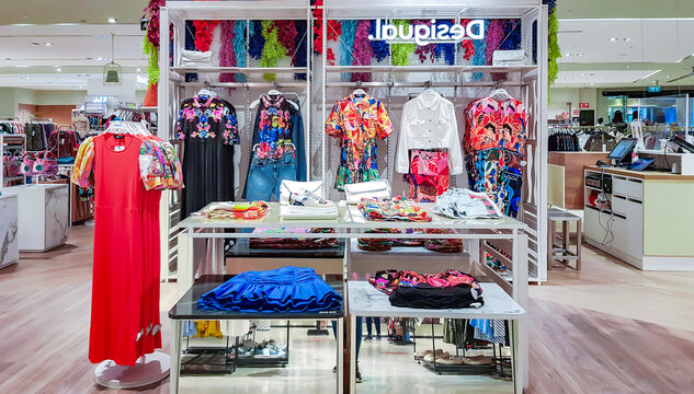 SPAIN, BARCELONA, MARCH, 2022: Desigual store - new women`s, men`s and kids` fashion and decor collections in shopping centre, Barcelona. Spain. Desigual is a Spanish fashion label.