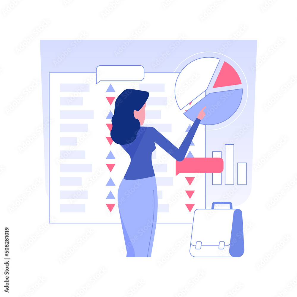 Poster stock market trader isolated concept vector illustration. stock market trader looks at projected cha