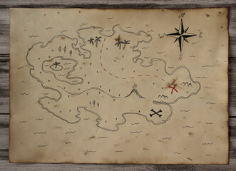 Treasure map on a wooden background. Pirate map for a quest and children's games.