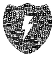 Security collage electric shield icon. Electric shield mosaic icon of lock symbols. Vector collage for security purposes.