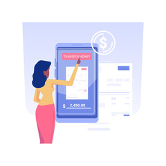 Money transfer isolated concept vector illustration. Person transfer money with smartphone and online banking app, commercial bank, modern technology, manage transactions vector concept.