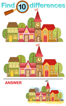 Logical game for children education. Find the differences in the picture. A town with cute houses and a tower