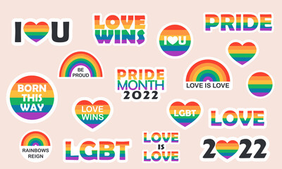 Vector set of LGBTQ community slogan sticker with rainbow flag  elements, pride symbols, gender signs. Pride month slogan and phrases stickers. Gay parade celebration. - obrazy, fototapety, plakaty