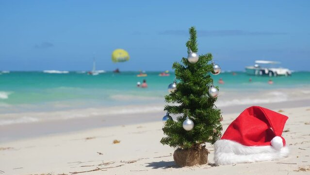Christmas fir tree and Santa Claus Hat on sandy beach. Tropical New year celebration. Nobody