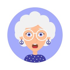 Hippie old woman with amazement emotion character avatar isolated vector illustration on white background