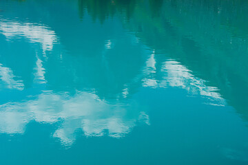 Turquoise water of mountain lake as background. Blue river with ripples and reflection