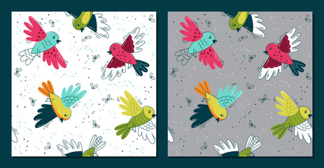 Set baby pattern flat.Set baby pattern with birds. Seamless background for fabric, textile, wallpaper, posters, gift wrapping paper, napkins, tablecloths. Print for kids, children. Children's pattern