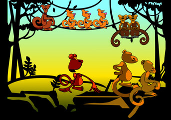 Cartoon with little boy and black leopard. Great as artistic print, fairy tale or childrens book illustration. Red dogs. A flock of monkeys in the jungle.