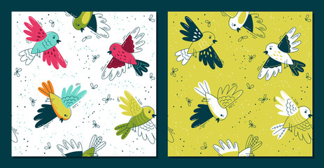 Set baby pattern flat.Set baby pattern with birds. Seamless background for fabric, textile, wallpaper, posters, gift wrapping paper, napkins, tablecloths. Print for kids, children. Children's pattern