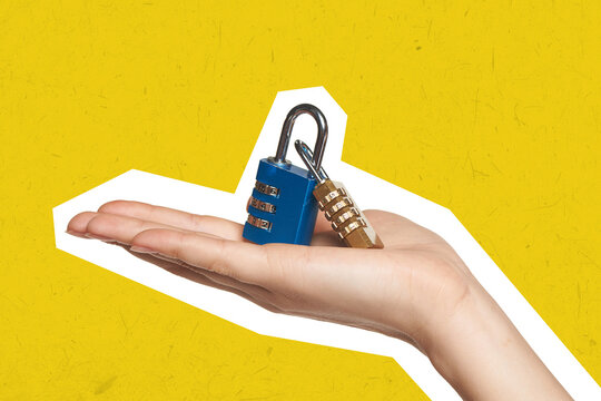 Human hand holding two Combination Padlocks on palm, on white