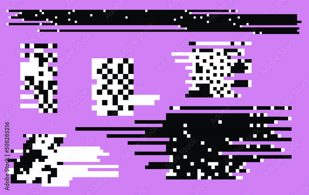 Aufkleber Collection of vector 1-bit pixel art elements for design. Bitmap retro  style textures with glitches and noise.