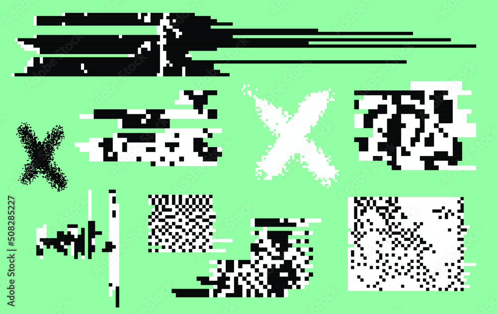 Aufkleber Collection of vector 1-bit pixel art elements for design. Bitmap retro  style textures with glitches and noise.