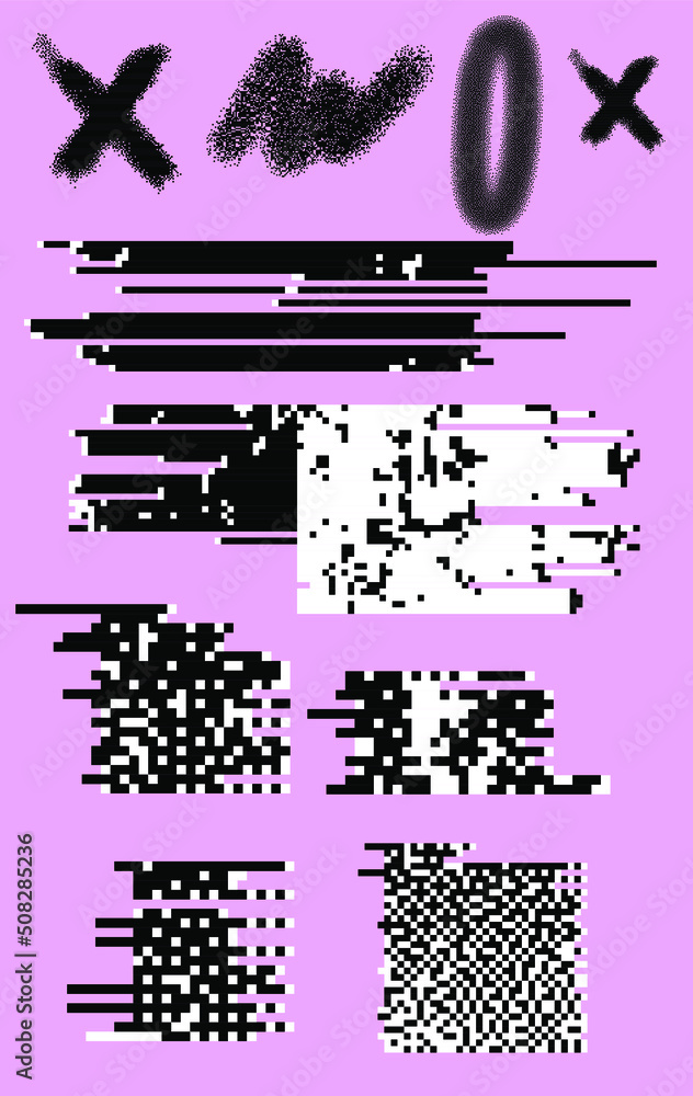 Aufkleber Collection of vector 1-bit pixel art elements for design. Bitmap retro  style textures with glitches and noise.