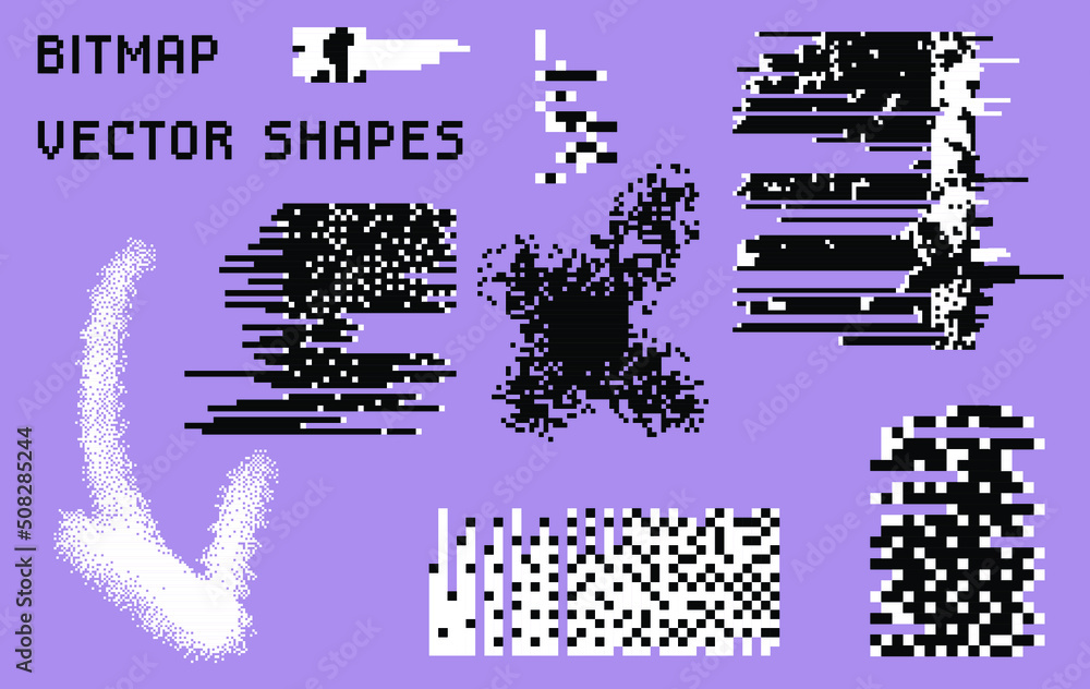 Aufkleber Collection of vector 1-bit pixel art elements for design. Bitmap retro  style textures with glitches and noise.