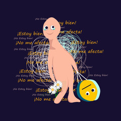 depresi&oacute;n ilustrada con un monstruo que tiene m&aacute;scaras con estados de &aacute;nimo y margaritas como flores de fondo