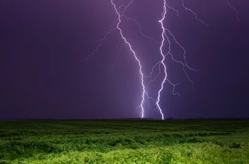 Fotobehang Bright lightnings in dark stormy sky above green field, climate change or weather forecast concept image © IgorZh