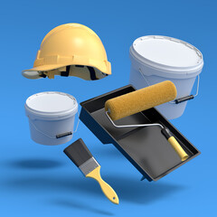 Set of flying safety helmet, bucket, tray with paint rollers and brushes on blue