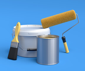 Set of metal and plastic buckets, paint roller and brush on blue background.