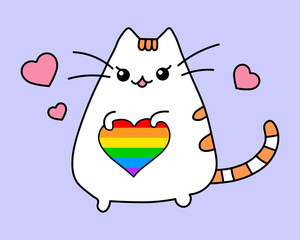 Happy pride month. Kawaii cat with rainbow heart