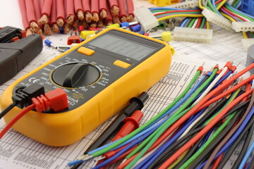 Multimeter and mounting tools in the electrical diagram close-up.