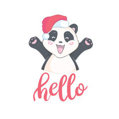 Cute cartoon panda with a red Christmas hat on a white background.